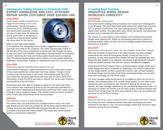60                                                                                                                                                           61

 Johannessen Trading Company in Commerce, Calif.                               A Leading Steel Company
 Expert Knowledge and Fast, Efficient                                          Innovative Wheel design
 Repair Saved Customer over $20,000 USD                                        increases longevity
 challenge                                                                     CHALLENGE
 Crane vendor unable to identify part–                                         Wheel flanges wearing thin
 suggests purchasing a new crane                                               One of the world’s leading steel companies has a plate heat treating plant
 Johannessen Trading Company in                                                in the Midwest. The plant heat treats steel plates that range from a quarter
 Commerce, Calif. distributes steel                                            inch to several inches thick. The heat treating process makes the steel
 and construction products. Cranes                                             plates more durable. The steel plant uses cranes during the manufacturing
 are used to load steel for deliveries                                         process and to transport the final product.
 and to stock steel in the facility. A
                                                                               The wheels on a semi-gantry crane needed to be replaced because the
 competitor of Konecranes handles
                                                                               flanges were wearing thin. While the purchasing department wanted to
 the crane work for the facility.
                                                                               purchase wheels based on price, the area manager wanted wheels that
 When a hoist load brake needed                                                would last a long time.
 to be repaired, the competing crane company suggested and quoted a
 new hoist and trolley to the customer. The crane company was unable to        SOLUTION
 identify any of the crane components or prices and they thought the parts     Konecranes and Crane Pro Parts, the sole Provider of 60 Plus­ wheels
                                                                                                                                                ™
 for the hoist were now obsolete. Johannessen Trading needed an immediate      With over 40 years of experience in the steel industry, the area manager
 solution. Switching the hoist and trolley system would require a long lead    understands the value of having great wheels. During his time in the
 time. The several weeks of down time to switch to a new system would be       business, he has tried several other wheels and was not satisfied with how
 expensive. Johannessen Trading Co. called Konecranes for a second opinion.    frequently they needed to be replaced. He wanted to get 60 Plus™ induction
                                                                               hardened wheels because they are the industry standard for longevity.
 SOLUTION
 Konecranes quickly identified and replaced the part                           Konecranes 60 Plus™ wheels have a hardened exterior flange profile and a
                                                                               softer flange core which increases its toughness. The uniform hard profile
 Johannessen Trading Co. asked Konecranes to look at the crane to see
                                                                               on the flange exterior surface causes less friction upon contact between
 if they could identify the correct part that they needed. Though a serial
                                                                               the wheel flange and the side-of-rail head, decreasing flange and rail wear
 number could not be found on the crane, Konecranes knew the make
                                                                               rates and increasing the life of the wheel.
 and model from previous experience with that type of crane. Using that
 information, Crane Pro Parts was able to identify the correct part numbers    The area manager called Konecranes for a budgetary quote for the set of
 and provide pricing information.                                              wheels. The company policy is to receive three quotes, so two other crane
                                                                               companies were consulted as well. Instead of leaving the choice up to
 Konecranes was then able to propose a repair for the hoist load brake.
                                                                               chance, the area manager explained to the purchasing department that it is
 The customer was impressed by how quickly the part was identified but
                                                                               necessary to select the wheels with the best quality. He firmly believed that
 were even more impressed that Konecranes could have their crane up and
                                                                               the 60 Plus™ wheels had the best value overall. In the end, he justified the
 running in only a couple of weeks. Their vendor could not do this for them,
                                                                               purchase of the 60 Plus™ wheels.
 which is why they chose Konecranes for this project.
 RESULTS                                                                       RESULTS
                                                                               Peace of mind with a good buying decision—Konecranes 60 Plus™ Wheels
 The customer saved over $20,000 USD
                                                                               Five of the 60 Plus™ hardened wheels have been purchased and were
 Two weeks later, the load brake was installed without issue. The crane
                                                                               delivered to the plant in July. The area manager knows that this was a good
 was tested and put back into production. Konecranes saved Johannessen
                                                                               economic choice for the company.
 Trading Company over $20,000 USD because they did not need to
 purchase a new hoist and trolley system. The repair also saved several
 weeks in unnecessary downtime.



                                Crane Pro Parts is the parts supply                                           Crane Pro Parts is the parts supply
                                organization of KONECRANES in the U.S.                                        organization of KONECRANES in the U.S.
 