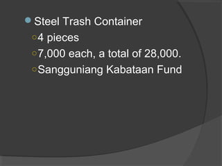 Steel Trash Container
○4 pieces
○7,000 each, a total of 28,000.
○Sangguniang Kabataan Fund
 