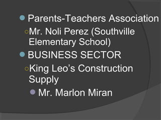 Parents-Teachers Association
○Mr. Noli Perez (Southville
Elementary School)
BUSINESS SECTOR
○King Leo’s Construction
Supply
Mr. Marlon Miran
 