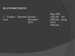 III. ENFORCEMENT
1. Conduct Operation
Linis
January-
December
2010
Brgy.Offi
cials,SK
Officials,
HOA
Officials
On-
going
 