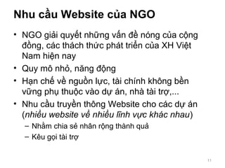 Nhu cầu Website của NGO
• NGO giải quyết những vấn đề nóng của cộng
đồng, các thách thức phát triển của XH Việt
Nam hiện nay
• Quy mô nhỏ, năng động
• Hạn chế về nguồn lực, tài chính không bền
vững phụ thuộc vào dự án, nhà tài trợ,...
• Nhu cầu truyền thông Website cho các dự án
(nhiều website về nhiều lĩnh vực khác nhau)
– Nhằm chia sẻ nhân rộng thành quả
– Kêu gọi tài trợ
11
 