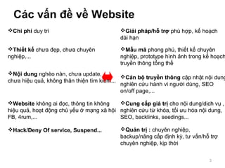 Các vấn đề về Website
3
Thiết kế chưa đẹp, chưa chuyên
nghiệp,...
Mẫu mã phong phú, thiết kế chuyên
nghiệp, prototype hình ảnh trong kế hoạch
truyền thông tổng thể
Nội dung nghèo nàn, chưa update,
chưa hiệu quả, không thân thiện tìm kiếm...
Cán bộ truyền thông cập nhật nội dung
nghiên cứu hành vi người dùng, SEO
on/off page,...
Website không ai đọc, thông tin không
hiệu quả, hoạt động chủ yếu ở mạng xã hội
FB, 4rum,...
Chi phí duy trì Giải pháp/hỗ trợ phù hợp, kế hoạch
dài hạn
Cung cấp giá trị cho nội dung/dịch vụ ,
nghiên cứu từ khóa, tối ưu hóa nội dung,
SEO, backlinks, seedings...
Hack/Deny Of service, Suspend... Quản trị : chuyên nghiệp,
backup/nâng cấp định kỳ, tư vấn/hỗ trợ
chuyên nghiệp, kịp thời
 