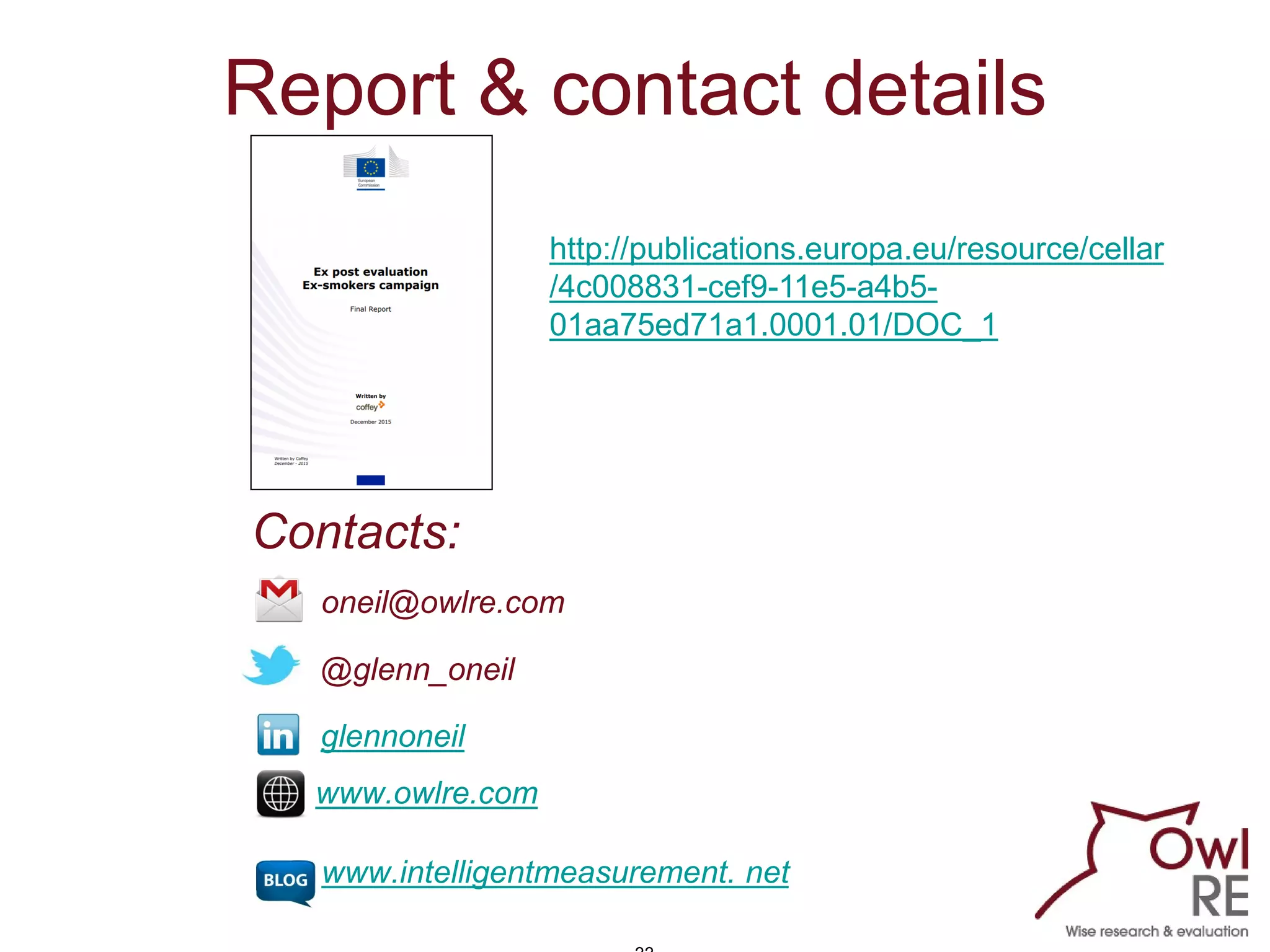 Report & contact details
oneil@owlre.com
glennoneil
www.owlre.com
@glenn_oneil
www.intelligentmeasurement. net
Contacts:
http://publications.europa.eu/resource/cellar
/4c008831-cef9-11e5-a4b5-
01aa75ed71a1.0001.01/DOC_1
 