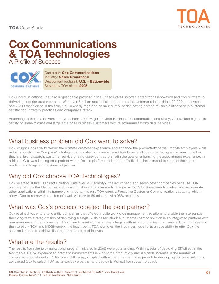 cox communications case study Cox communications cox communications began their relationship with wcm in 1992 it was a critical time for the company they required direction and insight into new. cox communications case study Cox communications cox communications began their relationship with wcm in 1992 it was a critical time for the company they required direction and insight into new.