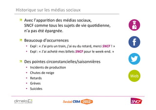 Historique	
  sur	
  les	
  médias	
  sociaux	
  

  !   Avec	
  l’appari'on	
  des	
  médias	
  sociaux,	
  
      SNCF	
...