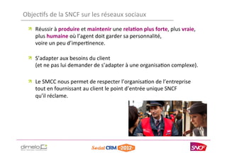 Objec'fs	
  de	
  la	
  SNCF	
  sur	
  les	
  réseaux	
  sociaux	
  

  !   Réussir	
  à	
  produire	
  et	
  maintenir	
 ...