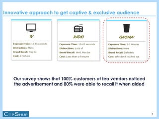 Our survey shows that 100% customers at tea vendors noticed
the advertisement and 80% were able to recall it when aided
Innovative approach to get captive & exclusive audience
7
 