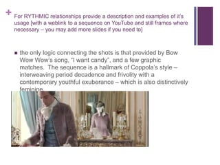 + For RYTHMIC relationships provide a description and examples of it’s
usage [with a weblink to a sequence on YouTube and still frames where
necessary – you may add more slides if you need to]
 the only logic connecting the shots is that provided by Bow
Wow Wow’s song, “I want candy”, and a few graphic
matches. The sequence is a hallmark of Coppola’s style –
interweaving period decadence and frivolity with a
contemporary youthful exuberance – which is also distinctively
feminine.
 