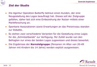 Zentrale Ergebnisse

Ziel der Studie
● Die Agentur Operation Butterfly betreut einen Kunden, der eine
Neugestaltung des Logos beauftragt hat. Dieses soll der Zielgruppe
gefallen, daher bot sich eine Einbeziehung der Nutzer mittels einer
Marktforschung an.
● Spontane Assoziationen sowie Erwartungen an das Preisniveau standen
zur Debatte.
● Es stehen zwei verschiedene Varianten für die Gestaltung eines Logos
für die „Schnitzelbande“ zur Verfügung. Per Zufall wurde von den
Befragten nur eines der beiden Logos zugewiesen und dieses bewertet.
● Die Ergebnisse der Kernzielgruppe (Personen im Alter von 20-49
Jahren mit Kindern bis 14 Jahre) werden explizit ausgewiesen.

Seite 13

 