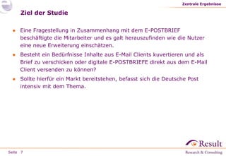 Zentrale Ergebnisse

Ziel der Studie
● Eine Fragestellung in Zusammenhang mit dem E-POSTBRIEF
beschäftigte die Mitarbeiter und es galt herauszufinden wie die Nutzer
eine neue Erweiterung einschätzen.

● Besteht ein Bedürfnisse Inhalte aus E-Mail Clients kuvertieren und als
Brief zu verschicken oder digitale E-POSTBRIEFE direkt aus dem E-Mail
Client versenden zu können?
● Sollte hierfür ein Markt bereitstehen, befasst sich die Deutsche Post
intensiv mit dem Thema.

Seite 7

 