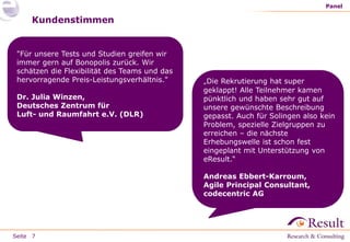 Seite
Kundenstimmen
Panel
7
"Für unsere Tests und Studien greifen wir
immer gern auf Bonopolis zurück. Wir
schätzen die Flexibilität des Teams und das
hervorragende Preis-Leistungsverhältnis."
Dr. Julia Winzen,
Deutsches Zentrum für
Luft- und Raumfahrt e.V. (DLR)
„Die Rekrutierung hat super
geklappt! Alle Teilnehmer kamen
pünktlich und haben sehr gut auf
unsere gewünschte Beschreibung
gepasst. Auch für Solingen also kein
Problem, spezielle Zielgruppen zu
erreichen – die nächste
Erhebungswelle ist schon fest
eingeplant mit Unterstützung von
eResult.“
Andreas Ebbert-Karroum,
Agile Principal Consultant,
codecentric AG
 