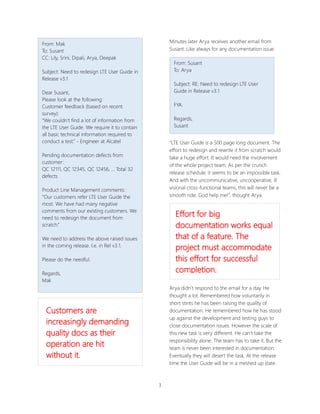 3
Minutes later Arya receives another email from
Susant. Like always for any documentation issue:
“LTE User Guide is a 500 page long document. The
effort to redesign and rewrite it from scratch would
take a huge effort. It would need the involvement
of the whole project team. As per the crunch
release schedule, it seems to be an impossible task.
And with the uncommunicative, uncooperative, ill
visional cross-functional teams, this will never be a
smooth ride. God help me!”, thought Arya.
Arya didn’t respond to the email for a day. He
thought a lot. Remembered how voluntarily in
short stints he has been raising the quality of
documentation. He remembered how he has stood
up against the development and testing guys to
close documentation issues. However the scale of
this new task is very different. He can’t take the
responsibility alone. The team has to take it. But the
team is never been interested in documentation.
Eventually they will desert the task. At the release
time the User Guide will be in a meshed up state.
From: Susant
To: Arya
Subject: RE: Need to redesign LTE User
Guide in Release v3.1
FYA.
Regards,
Susant
From: Mak
To: Susant
CC: Lily, Srini, Dipali, Arya, Deepak
Subject: Need to redesign LTE User Guide in
Release v3.1
Dear Susant,
Please look at the following:
Customer feedback (based on recent
survey):
“We couldn’t find a lot of information from
the LTE User Guide. We require it to contain
all basic technical information required to
conduct a test.” - Engineer at Alcatel
Pending documentation defects from
customer:
QC 12111, QC 12345, QC 12456, … Total 32
defects
Product Line Management comments:
“Our customers refer LTE User Guide the
most. We have had many negative
comments from our existing customers. We
need to redesign the document from
scratch.”
We need to address the above raised issues
in the coming release. I.e. in Rel v3.1.
Please do the needful.
Regards,
Mak
Customers are
increasingly demanding
quality docs as their
operation are hit
without it.
Effort for big
documentation works equal
that of a feature. The
project must accommodate
this effort for successful
completion.
 