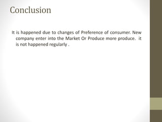 Conclusion
It is happened due to changes of Preference of consumer. New
company enter into the Market Or Produce more produce. it
is not happened regularly .
 