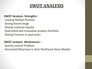 SWOT Analysis- Strengths :
Leading Market Position
Strong brand image
Strong customer loyalty
Diversified and innovative product Portfolio
Strong Finances in past years
SWOT analysis- Weaknesses :
Quality control Problem
Decreased Revenues in their Northeast Asian Market
SWOT ANALYSIS
 