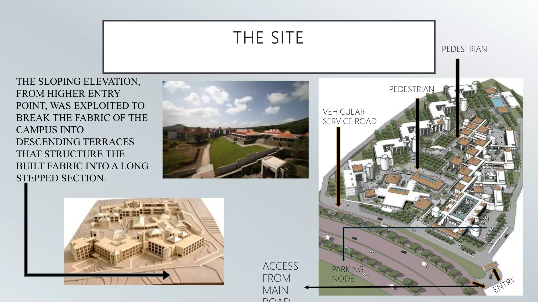 THE SITE
THE SLOPING ELEVATION,
FROM HIGHER ENTRY
POINT, WAS EXPLOITED TO
BREAK THE FABRIC OF THE
CAMPUS INTO
DESCENDING TERRACES
THAT STRUCTURE THE
BUILT FABRIC INTO A LONG
STEPPED SECTION.
. VEHICULAR
SERVICE ROAD
PARKING
NODE
PEDESTRIAN
PEDESTRIAN
ACCESS
FROM
MAIN
 