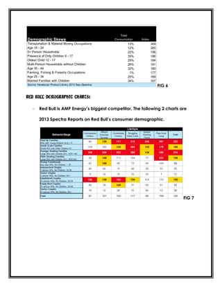 Demographic Skews
Transportation & Material Moving Occupations
Age 18 - 24
5+ Person Households
Presence of Only Children 6 - 17
Oldest Child 12 - 17
Multi-Person Households without Children
Age 35 - 44
Farming, Fishing & Forestry Occupations
Age 25 - 34
Married Families with Children
Source: Homescan Product Library 2013 Sep (Spectra)

Total
Consumption

13%
12%
22%
35%
29%
26%
32%
1%
25%
34%

Index

349
285
196
186
184
181
180
177
169
167

FIG 6

RED BULL DEMOGRAPHIC CHARTS:
-

Red Bull is AMP Energy’s biggest competitor. The following 2 charts are
2013 Spectra Reports on Red Bull’s consumer demographic.

FIG 7

 