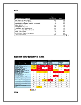FIG 9

Total
Consumption

Demographic Skews
Male Head Only with Children
Female Head Only with Children
Transportation & Material Moving Occupations
Oldest Child 12 - 17
Striving Small City Living
Presence of Only Children 6 - 17
Presence of Only Children Under 6
Oldest Child Under 6
Administrative Support Occupations
4 Person Households

Index

4%
14%
7%
27%
6%
32%
13%
13%
11%
22%

198
195
186
172
171
170
169
167
166
165 FIG 10

ROCK STAR ENERGY DEMOGRAPHIC CHARTS:
LifeStyle
BehaviorStage
Start-Up Families
HHs with Young Children Only < 6
Small Scale Families
Small HHs with Older Children 6+
Younger Bustling Families
Large HHs with Children (6+), HOH <40
Older Bustling Families
Large HHs with Children (6+), HOH 40+
Young Transitionals
Any size HHs, No Children, < 35
Independent Singles
1 person HHs, No Children, 35-64
Senior Singles
1 person HHs, No Children, 65+
Established Couples
2+ person HHs, No Children, 35-54
Empty Nest Couples
2+ person HHs, No Children, 55-64
Senior Couples
2+ person HHs, No Children, 65+
Total

Cosmopolitan
Centers

Affluent
Suburban
Spreads

Comfortable
Country

Struggling
Urban Cores

Modest
Working
Towns

Plain Rural
Living

Total

131

242

158

349

109

139

185

132

164

95

155

82

82

116

273

688

316

203

120

103

267

65

124

129

63

166

153

121

42

48

78

61

78

64

61

30

26

53

39

264

31

83

12

13

68

13

67

18

34

49

118

135

152

80

134

112

107

25

36

98

84

111

72

52

21

69

111

19

35

45

72

124

103

112

109

80

100

Very High: 150+
High: 120-150

FIG 11

 