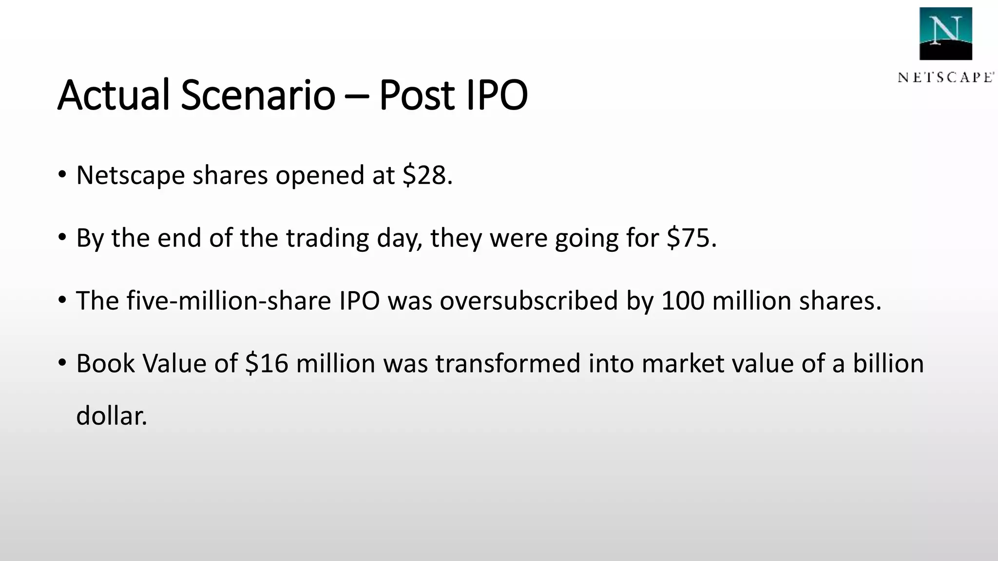 Actual Scenario – Post IPO
• Netscape shares opened at $28.
• By the end of the trading day, they were going for $75.
• The five-million-share IPO was oversubscribed by 100 million shares.
• Book Value of $16 million was transformed into market value of a billion
dollar.
 