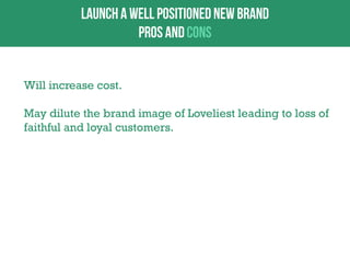 Will increase cost.
May dilute the brand image of Loveliest leading to loss of
faithful and loyal customers.

 