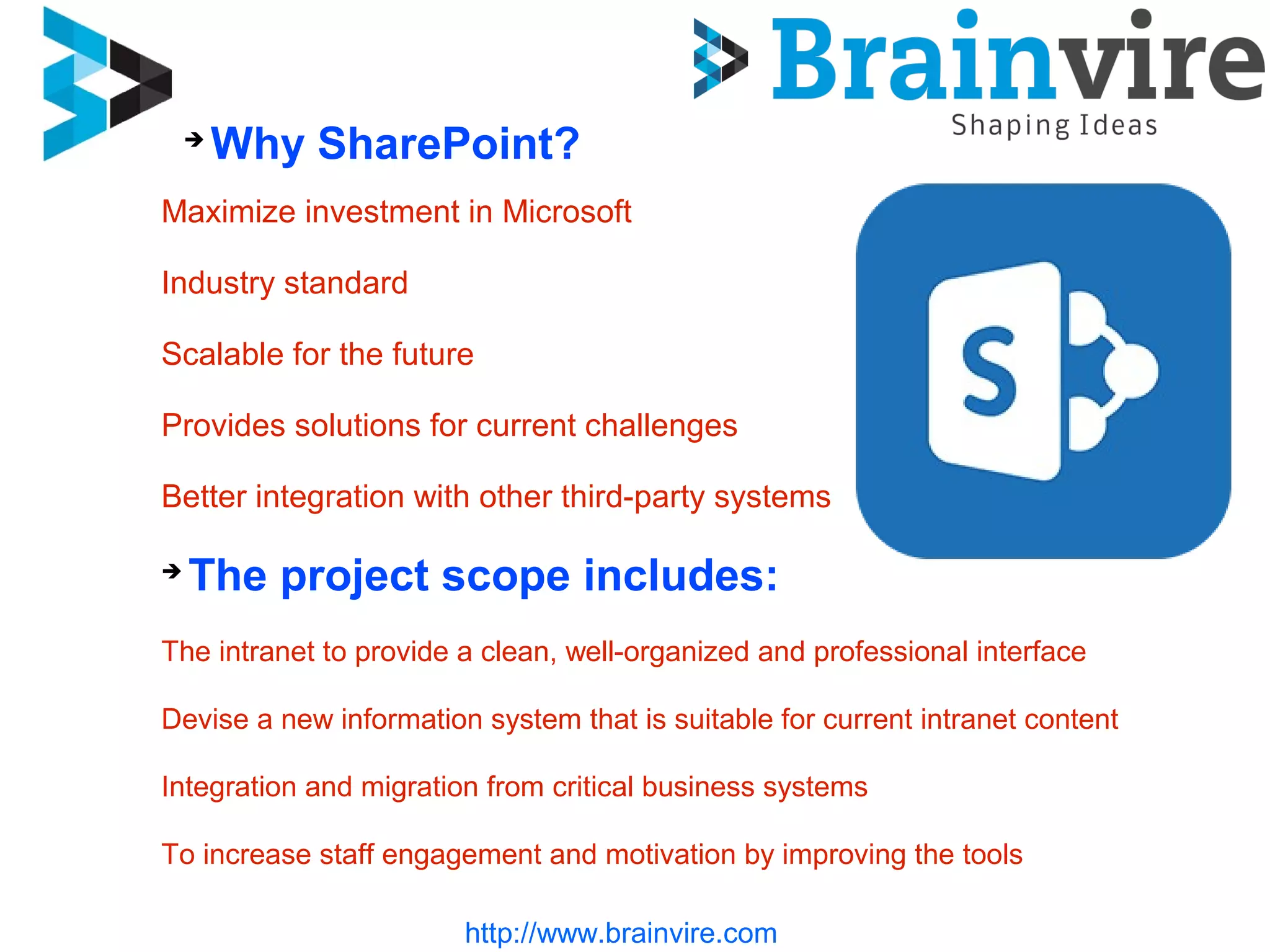 http://www.brainvire.com
➔
Why SharePoint?
Maximize investment in Microsoft
Industry standard
Scalable for the future
Provides solutions for current challenges
Better integration with other third-party systems
➔
The project scope includes:
The intranet to provide a clean, well-organized and professional interface
Devise a new information system that is suitable for current intranet content
Integration and migration from critical business systems
To increase staff engagement and motivation by improving the tools
 