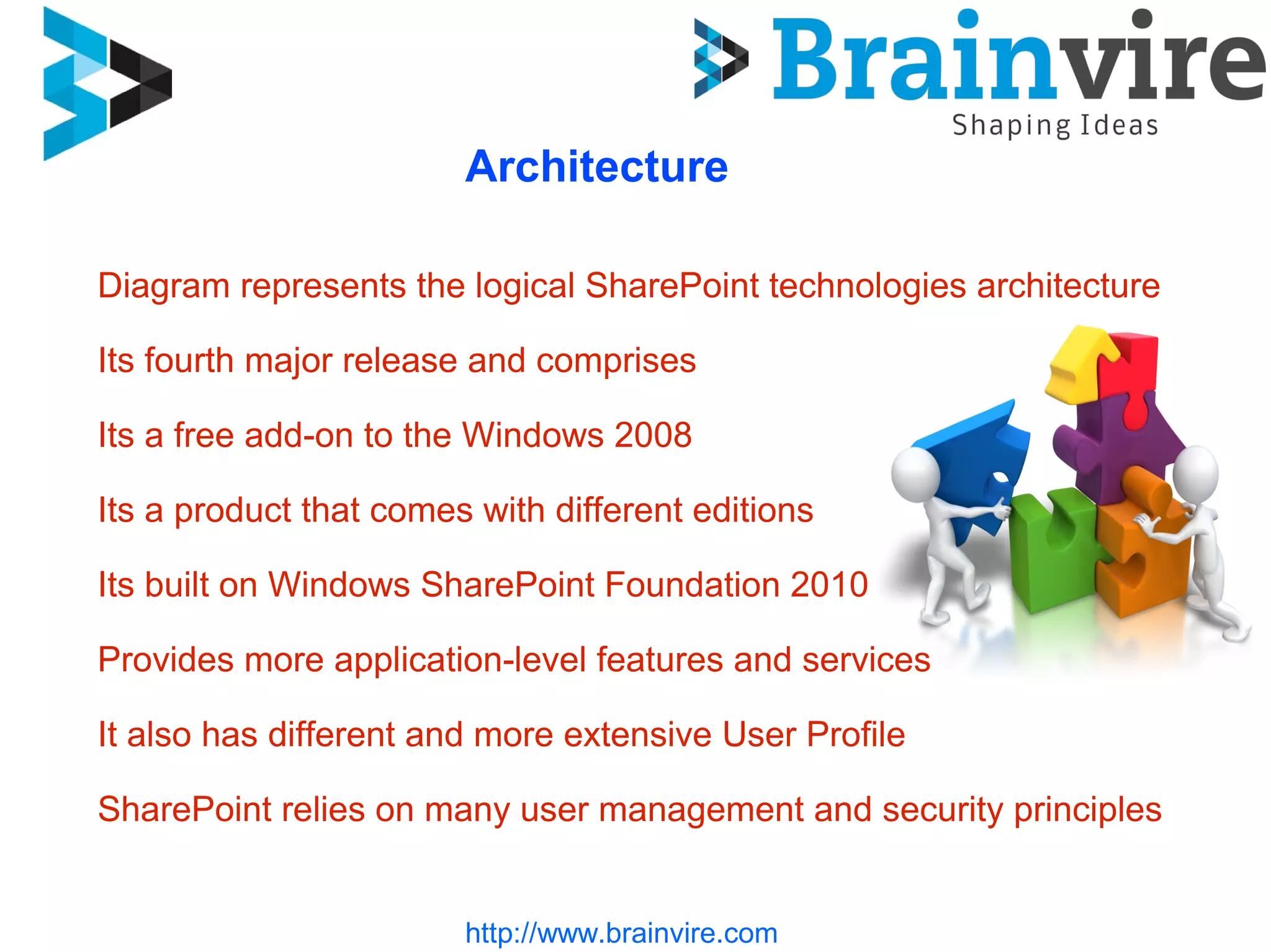 http://www.brainvire.com
Diagram represents the logical SharePoint technologies architecture
Its fourth major release and comprises
Its a free add-on to the Windows 2008
Its a product that comes with different editions
Its built on Windows SharePoint Foundation 2010
Provides more application-level features and services
It also has different and more extensive User Profile
SharePoint relies on many user management and security principles
Architecture
 