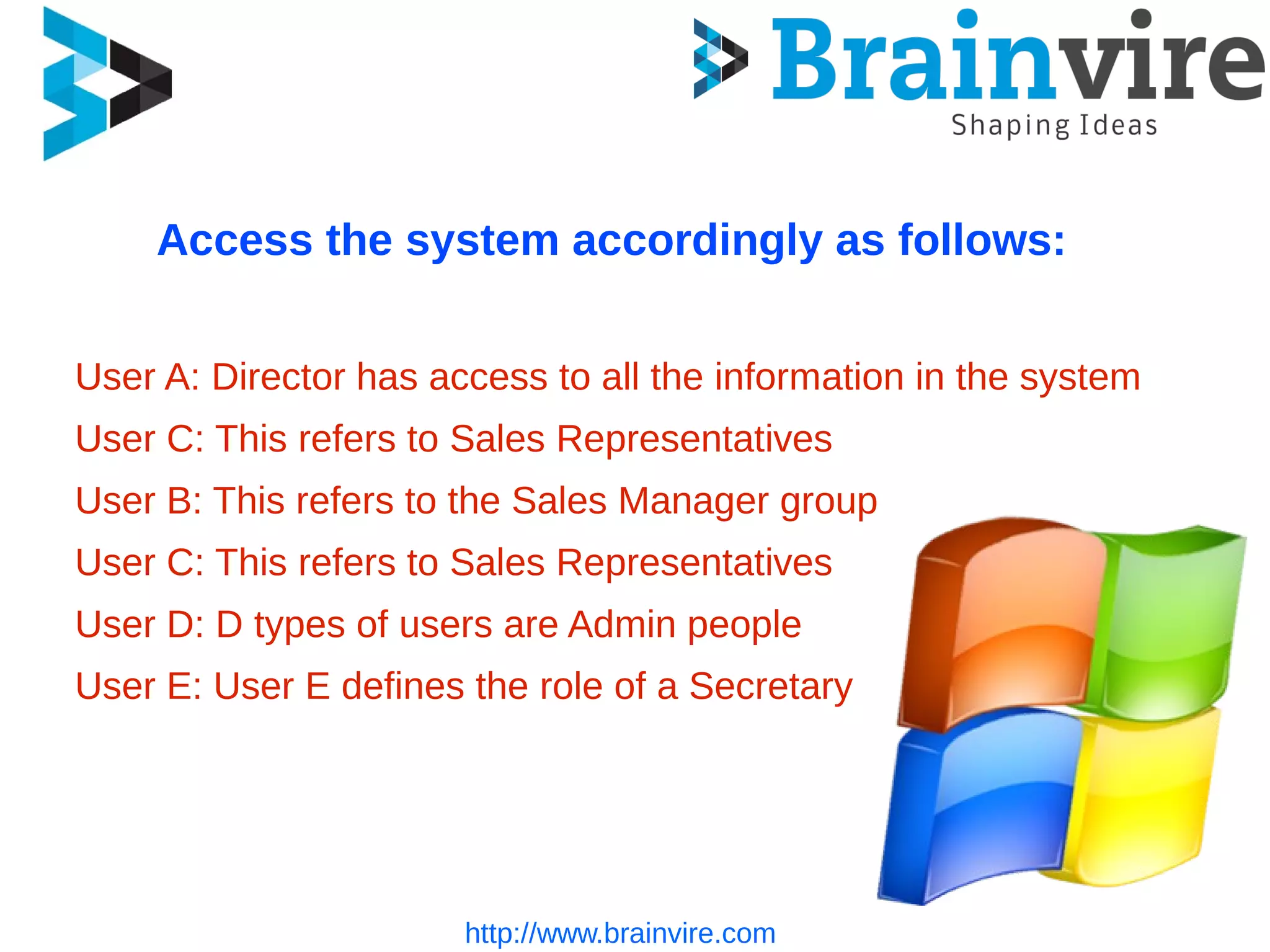 http://www.brainvire.com
Access the system accordingly as follows:
User A: Director has access to all the information in the system
User C: This refers to Sales Representatives
User B: This refers to the Sales Manager group
User C: This refers to Sales Representatives
User D: D types of users are Admin people
User E: User E defines the role of a Secretary
 