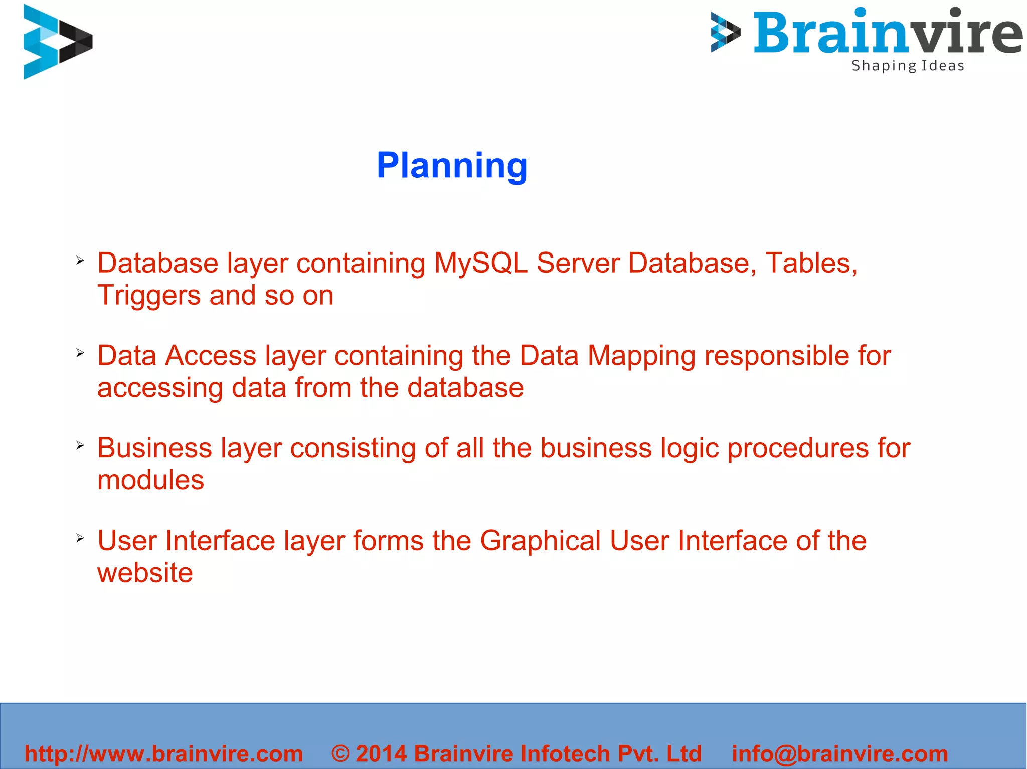 ➢
Database layer containing MySQL Server Database, Tables,
Triggers and so on
➢
Data Access layer containing the Data Mapping responsible for
accessing data from the database
➢
Business layer consisting of all the business logic procedures for
modules
➢
User Interface layer forms the Graphical User Interface of the
website
http://www.brainvire.com © 2014 Brainvire Infotech Pvt. Ltd info@brainvire.com
Planning
 