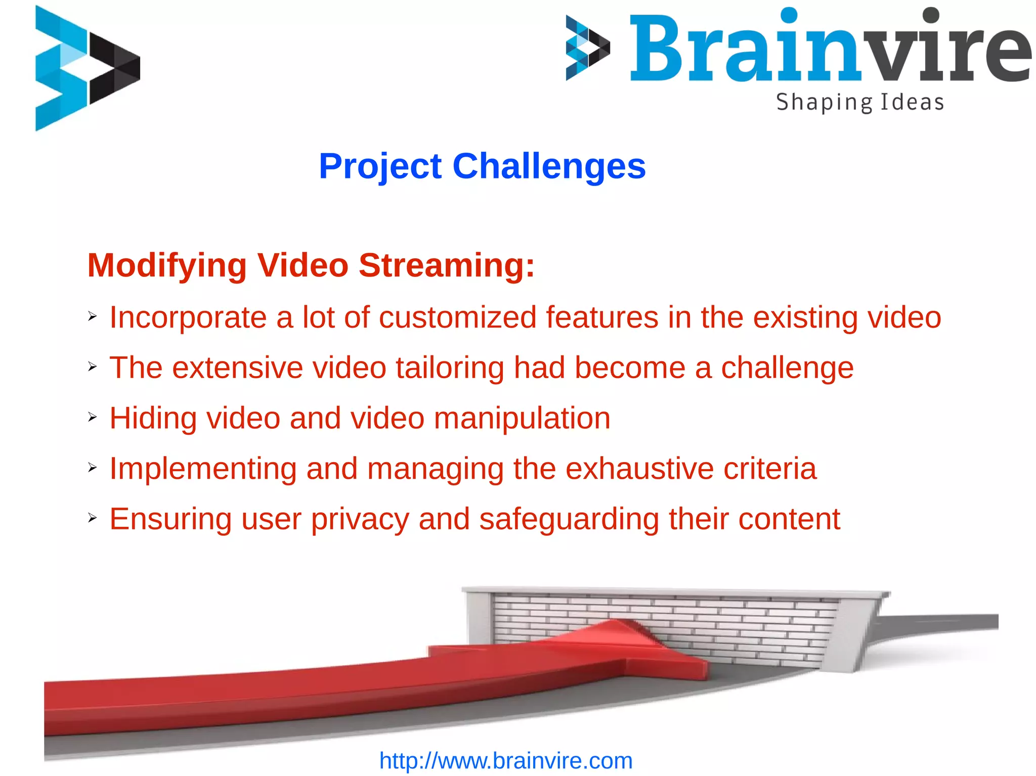 Project Challenges
Modifying Video Streaming:
➢ Incorporate a lot of customized features in the existing video
➢ The extensive video tailoring had become a challenge
➢ Hiding video and video manipulation
➢ Implementing and managing the exhaustive criteria
➢ Ensuring user privacy and safeguarding their content
http://www.brainvire.com
 