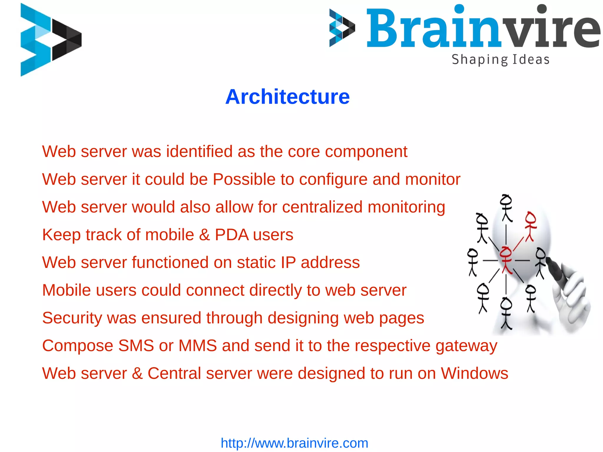 http://www.brainvire.com
Architecture
Web server was identified as the core component
Web server it could be Possible to configure and monitor
Web server would also allow for centralized monitoring
Keep track of mobile & PDA users
Web server functioned on static IP address
Mobile users could connect directly to web server
Security was ensured through designing web pages
Compose SMS or MMS and send it to the respective gateway
Web server & Central server were designed to run on Windows
 