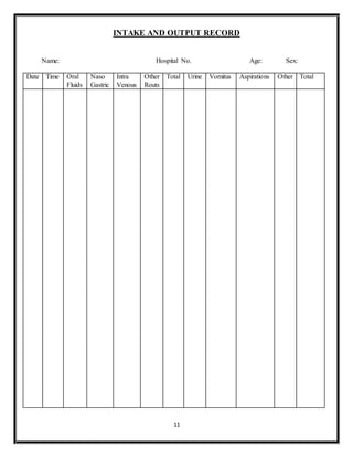 11
INTAKE AND OUTPUT RECORD
Name: Hospital No. Age: Sex:
Date Time Oral
Fluids
Naso
Gastric
Intra
Venous
Other
Routs
Total Urine Vomitus Aspirations Other Total
 