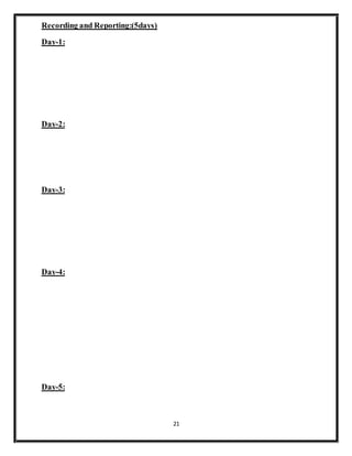 21
Recording and Reporting:(5days)
Day-1:
Day-2:
Day-3:
Day-4:
Day-5:
 