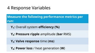 4 Response Variables
Measure the following performance metrics per
run:
Y₁: Overall system efficiency (%)
Y₂: Pressure ripple amplitude (bar RMS)
Y₃: Valve response time (ms)
Y₄: Power loss / heat generation (W)
 
