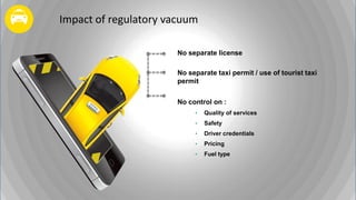 Impact of regulatory vacuum
No separate license
No separate taxi permit / use of tourist taxi
permit
No control on :
• Quality of services
• Safety
• Driver credentials
• Pricing
• Fuel type
 
