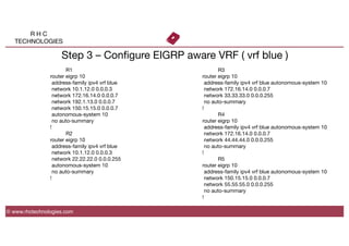 R H C
TECHNOLOGIES
© www.rhctechnologies.com
Step 3 – Conﬁgure EIGRP aware VRF ( vrf blue )

 
R1
router eigrp 10
address-family ipv4 vrf blue
network 10.1.12.0 0.0.0.3
network 172.16.14.0 0.0.0.7
network 192.1.13.0 0.0.0.7
network 150.15.15.0 0.0.0.7
autonomous-system 10 
no auto-summary
!

 
R2
router eigrp 10
address-family ipv4 vrf blue
network 10.1.12.0 0.0.0.3
network 22.22.22.0 0.0.0.255
autonomous-system 10
no auto-summary
!

 
R3
router eigrp 10
address-family ipv4 vrf blue autonomous-system 10 
network 172.16.14.0 0.0.0.7
network 33.33.33.0 0.0.0.255
no auto-summary
!

 
R4
router eigrp 10
address-family ipv4 vrf blue autonomous-system 10 
network 172.16.14.0 0.0.0.7
network 44.44.44.0 0.0.0.255
no auto-summary
!

 
R5
router eigrp 10
address-family ipv4 vrf blue autonomous-system 10
network 150.15.15.0 0.0.0.7
network 55.55.55.0 0.0.0.255
no auto-summary
!
 