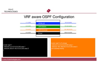 R H C
TECHNOLOGIES
© www.rhctechnologies.com
VRF aware OSPF Conﬁguration
VRFBLUE
VRFGREEN
VRFORANGE
Global
1.1.1.0/24
2.2.2.0/24
3.3.3.0/24
4.4.4.0/24
10.10.10.0/24
172.16.10.0/24
192.168.30.0/24
203.81.40.0/24
router ospf 1
network 4.4.4.0 0.0.0.255 area 1
network 203.81.40.0 0.0.0.255 area 0
!
router ospf 2 vrf orange
network 3.3.3.0 0.0.0.255 area 1
network 192.168.30.0 0.0.0.255 area 0
exit-address-family
!

 