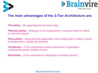 http://www.brainvire.com
The main advantages of the 3-Tier Architecture are:

Flexibility – By separating the business logic

Maintainability – Changes to the components in one layer have no effect
on any other layers

Reusability – Separating the application into multiple layers makes it easier
to implement re- usable components

Scalability – 3-Tier architecture allows distribution of application
components across multiple servers

Reliability – 3-Tier architecture if deployed on multiple servers
 