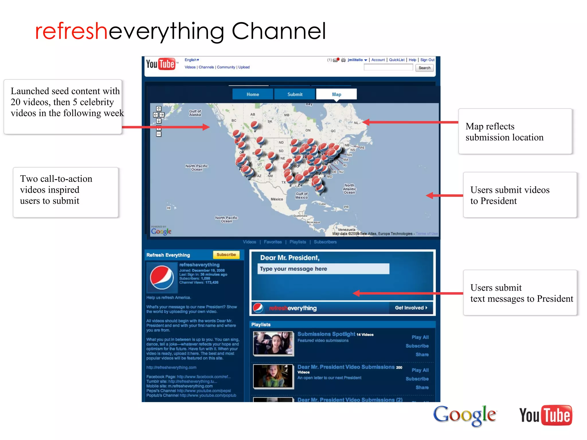refresh everything Channel Users submit  text messages to President Map reflects  submission location Users submit videos  to President Launched seed content with 20 videos, then 5 celebrity videos in the following week Two call-to-action videos inspired  users to submit  