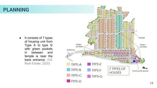 ● It consists of 7 types
of housing unit from
Type A to type G
with green pockets
in between and
temple is near the
back entrance. (CE
Real Estate, 2020)
11
PLANNING
 