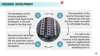 HOUSING DEVELPMENT
1 2
4 3
The developers of this
housing apartment
project were Royal Orchid
Developers, in the land
located in the Ring road.
The acquisition of the
land for the project was
relatively low-cost and
the thus made it possible
for affordable housing.
It is still on the
development phase,
however it has significantly
made the neighborhood
development and also
benefiting from it.
Reconstruction the bridge
and the construction of
the two apartment towers
are to be carried out by the
developers.
28
 