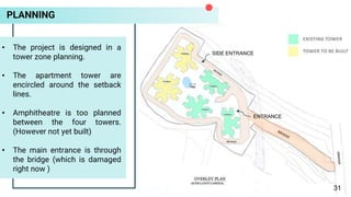 PLANNING
• The project is designed in a
tower zone planning.
• The apartment tower are
encircled around the setback
lines.
• Amphitheatre is too planned
between the four towers.
(However not yet built)
• The main entrance is through
the bridge (which is damaged
right now )
ENTRANCE
SIDE ENTRANCE
31
 