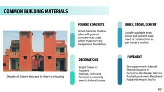 COMMON BUILDING MATERIALS
Locally available brick,
stone and cement were
used in construction as
per owner’s wishes.
Small diameter shallow
piles with poured
concrete was used,
which made for very
inexpensive foundation
Stone pavement- Internal
Streets/Squares in
Economically Weaker Section
Asphalt pavement- Peripheral
Road with Heavy Traffic
BRICK, STONE, CEMENT
POURED CONCRETE
PAVEMENT
Bright Colors in
Facades
Railings, Grills and
Cornices commonly
seen in Indore houses
DECORATIONS
Details of Indore Houses in Aranya Housing
62
 