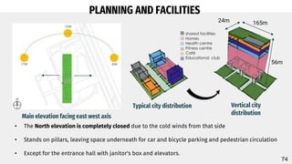 Typical city distribution Vertical city
distribution
PLANNING AND FACILITIES
• The North elevation is completely closed due to the cold winds from that side
• Stands on pillars, leaving space underneath for car and bicycle parking and pedestrian circulation
• Except for the entrance hall with janitor's box and elevators.
Main elevation facing east west axis
165m
24m
56m
74
 