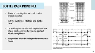 • There is nothing that we could call a
proper skeleton
• But the system of "Bottles and Bottle-
rack“
• i.e. each apartment is an independent box
of pre-cast concrete having no contact
with its neighbors.
• Suspended with the independent concrete
frame
BOTTLE RACK PRINCIPLE
79
 