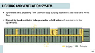 LIGHTING AND VENTILATION SYSTEM
• Apartment units exceeding from the main body building apartments are covers the whole
floor
• Natural light and ventilation to be permeable in both sides and also surround the
apartments.
83
 