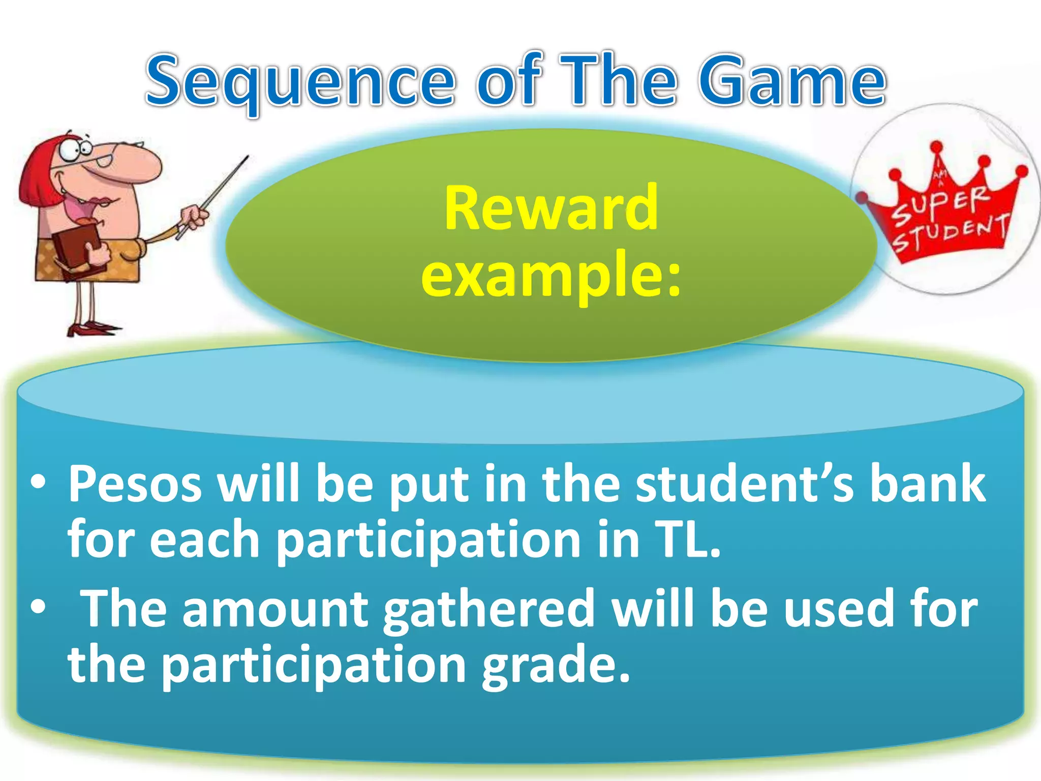 You must ask  the teacher for permission in the TL to speak English.Sequence of The Game Reward example:Pesos will be put in the student’s bank for each participation in TL.
