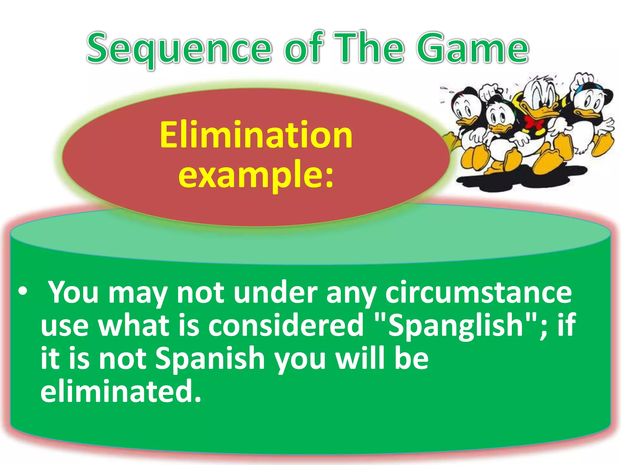  The amount gathered will be used for the participation grade.Sequence of The Game Elimination example: You may not under any circumstance use what is considered "Spanglish"; if it is not Spanish you will be eliminated.  Sequence of The Game Punishment example:After you have been eliminated from the island, you will not be eligible for certain games.              Keys to SurviveKeep your participation up   Don't speak EnglishENGLISH