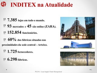 INDITEX na Atualidade
7.385 lojas em todo o mundo.
93 mercados e 45 são online (ZARA).
152.854 funcionários.
60% das fábricas situadas nas
proximidades da sede central – Arteixo.
1.725 fornecedores.
6.298 fábricas.
6
PGLM – Lean Supply Chain Management
 