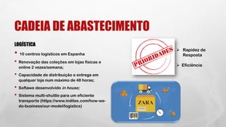 CADEIA DE ABASTECIMENTO
LOGÍSTICA
• 10 centros logísticos em Espanha
• Renovação das coleções em lojas físicas e
online 2 vezes/semana;
• Capacidade de distribuição e entrega em
qualquer loja num máximo de 48 horas;
• Softawe desenvolvido in house;
• Sistema multi-shuttle para um eficiente
transporte (https://www.inditex.com/how-we-
do-business/our-model/logistics)
➢ Rapidez de
Resposta
➢ Eficiência
 