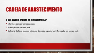 CADEIA DE ABASTECIMENTO
O QUE DEVERIA APLICAR NA MINHA EMPRESA?
• Interface com os fornecedores;
• Produção em sistema pull;
• Melhoria do fluxo externo e interno de modo a poder ter informação em tempo real.
 