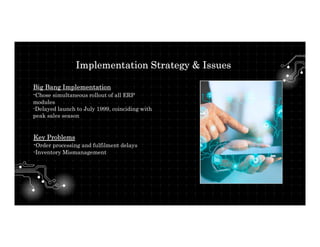 Big Bang Implementation
-Chose simultaneous rollout of all ERP
modules
-Delayed launch to July 1999, coinciding with
peak sales season
Implementation Strategy & Issues
Key Problems
-Order processing and fulfilment delays
-Inventory Mismanagement
 